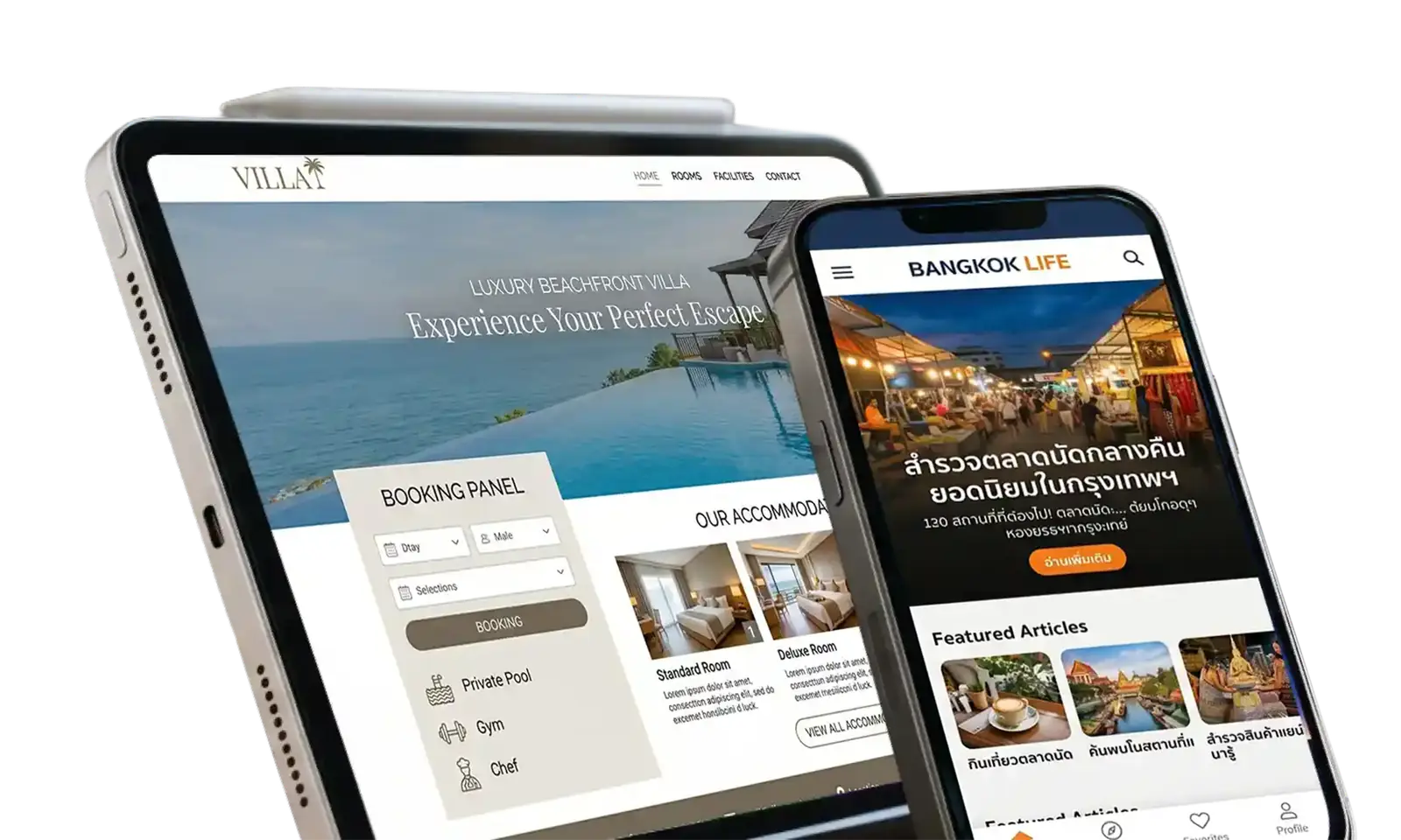Villa booking website and city guide website shown on a tablet and a phone
